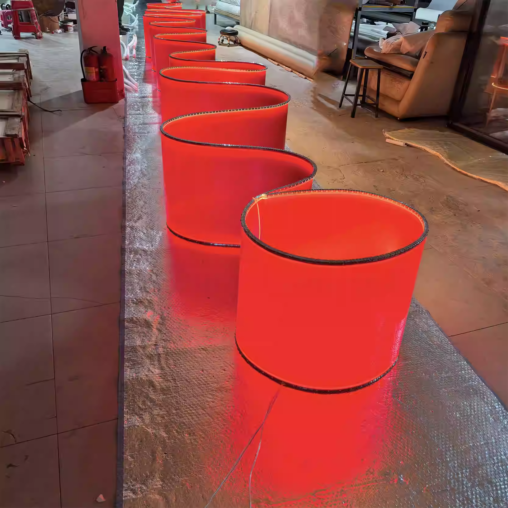 Pure red minimalist non transparent luminous ceiling, hotel club exhibition hall, creative design, customized size, decorative light ribbon