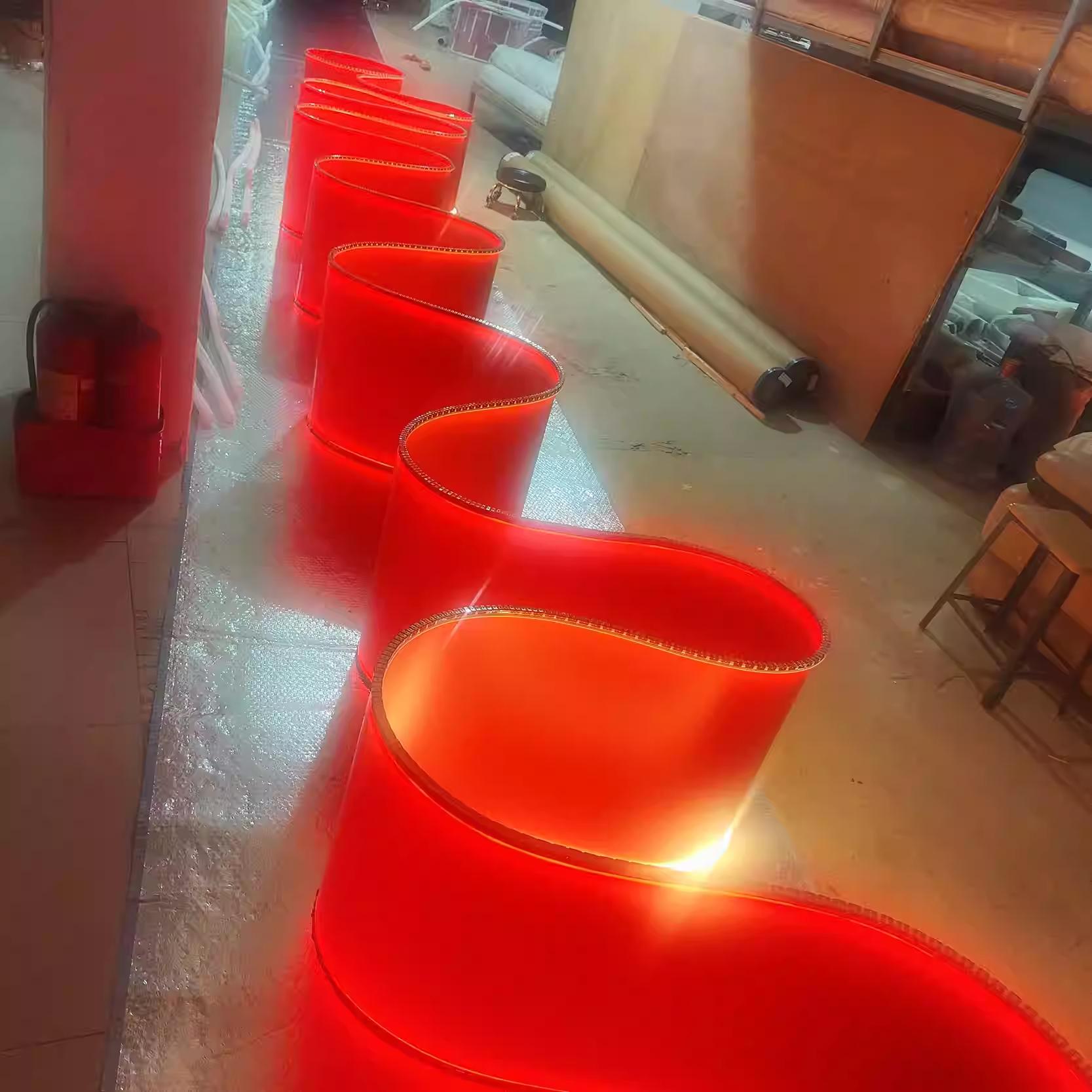 Pure red minimalist non transparent luminous ceiling, hotel club exhibition hall, creative design, customized size, decorative light ribbon