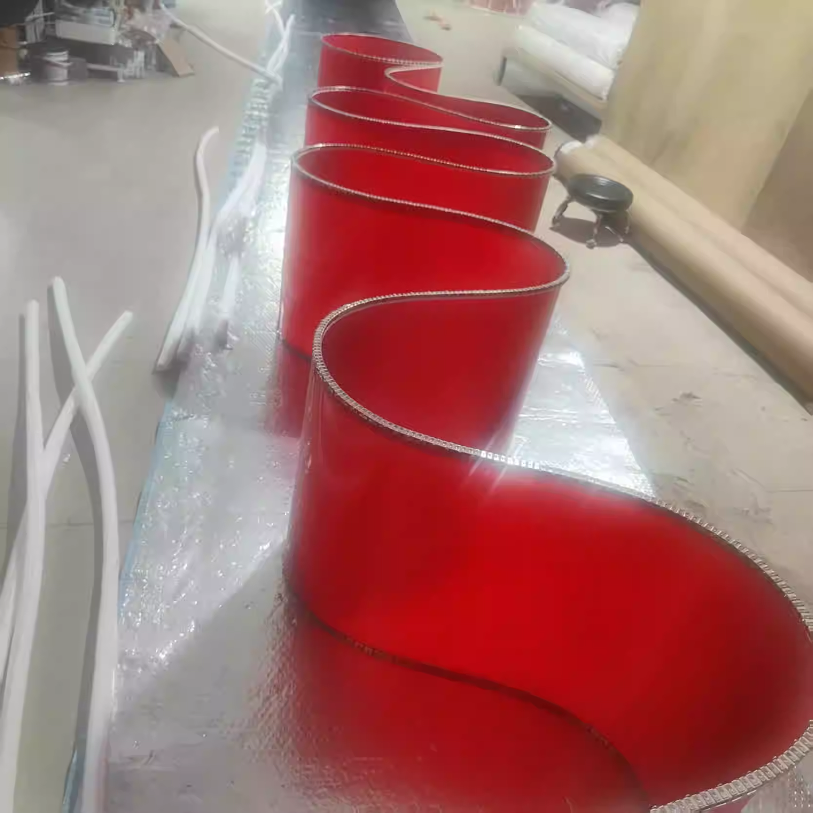 Pure red minimalist non transparent luminous ceiling, hotel club exhibition hall, creative design, customized size, decorative light ribbon