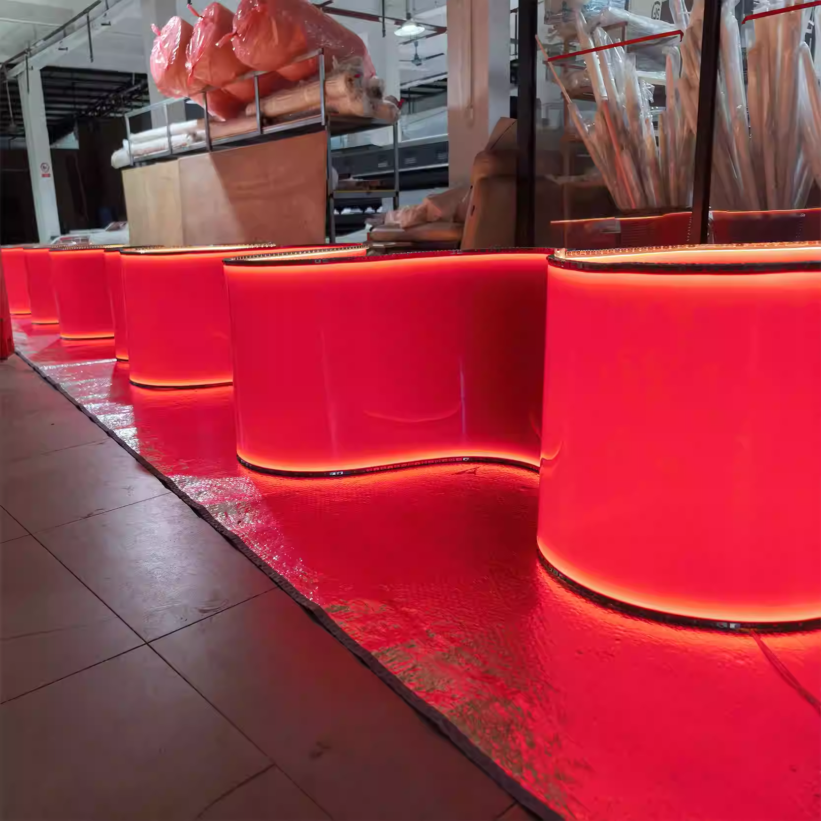 Pure red minimalist non transparent luminous ceiling, hotel club exhibition hall, creative design, customized size, decorative light ribbon