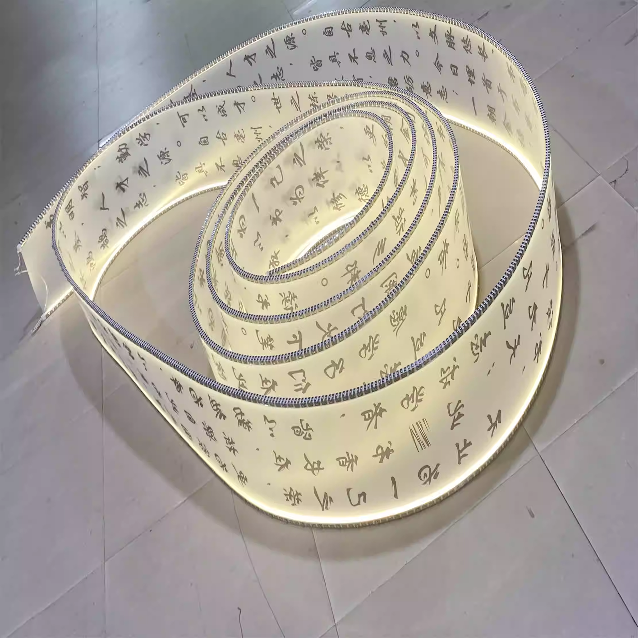 Modern minimalist new Chinese semi transparent luminous landscape calligraphy ceiling with plastic shape, hotel lobby exhibition hall ribbon