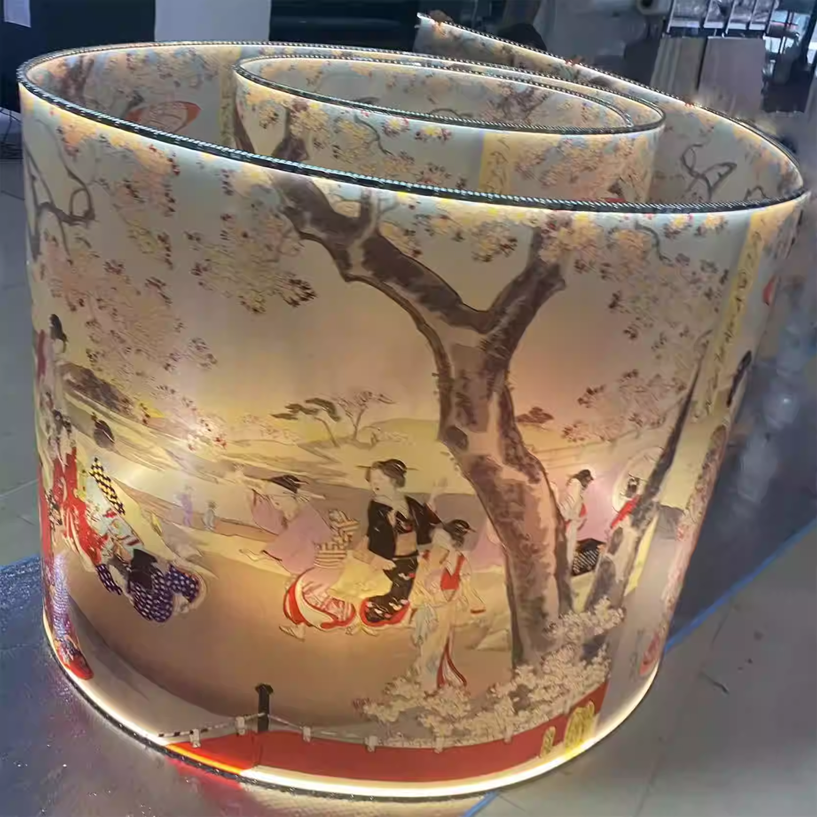 Modern minimalist new Chinese semi transparent luminous landscape calligraphy ceiling with plastic shape, hotel lobby exhibition hall ribbon