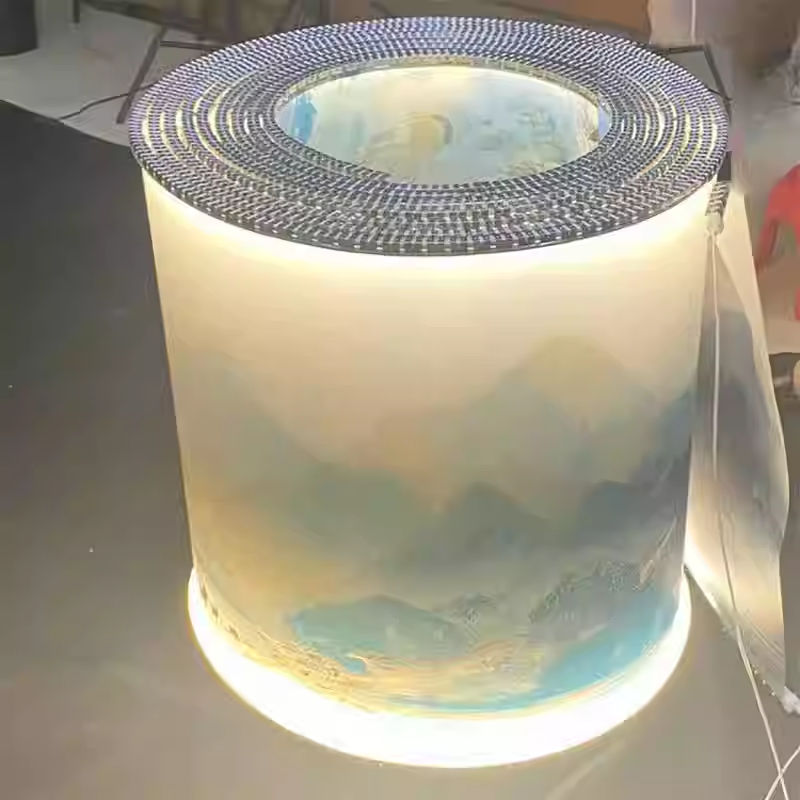 Modern minimalist new Chinese semi transparent luminous landscape calligraphy ceiling with plastic shape, hotel lobby exhibition hall ribbon