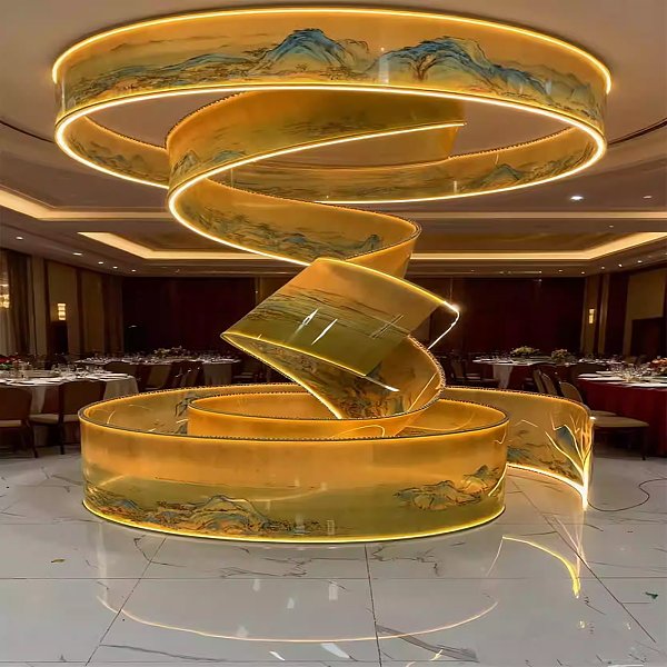 Modern minimalist new Chinese semi transparent luminous landscape calligraphy ceiling with plastic shape, hotel lobby exhibition hall ribbon