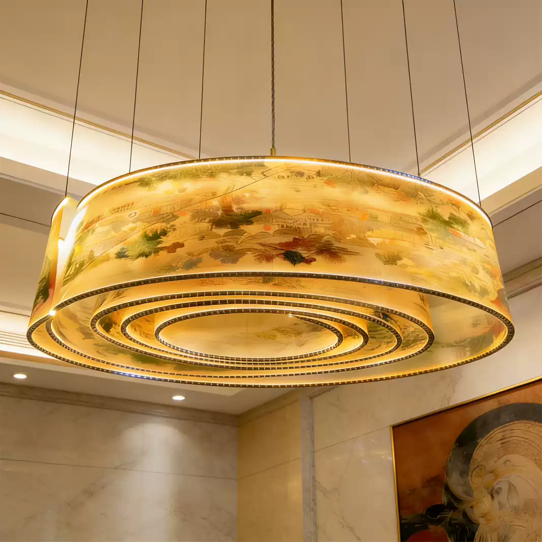 Modern minimalist semi transparent frosted hotel club exhibition hall luminous ceiling spiral shaped decorative lights atmospheric ribbon