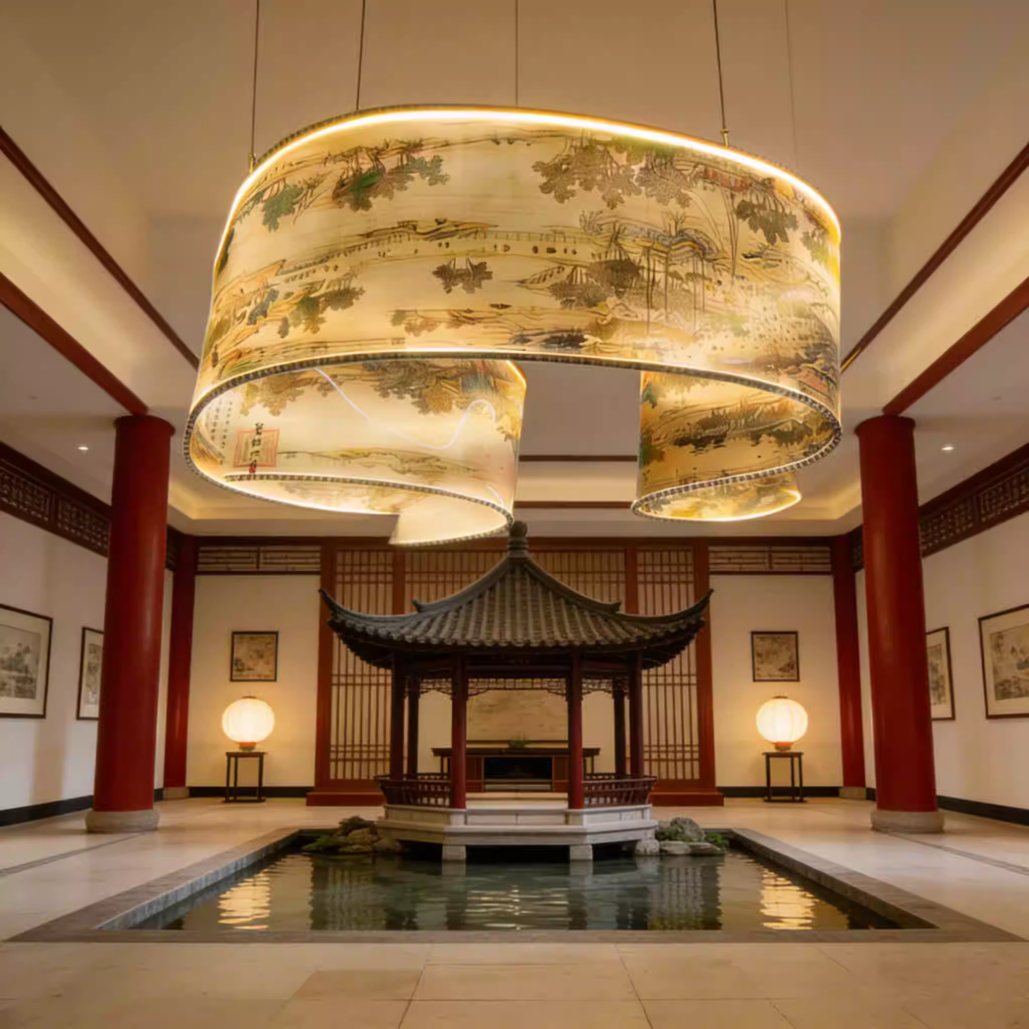 Modern minimalist semi transparent frosted hotel club exhibition hall luminous ceiling spiral shaped decorative lights atmospheric ribbon