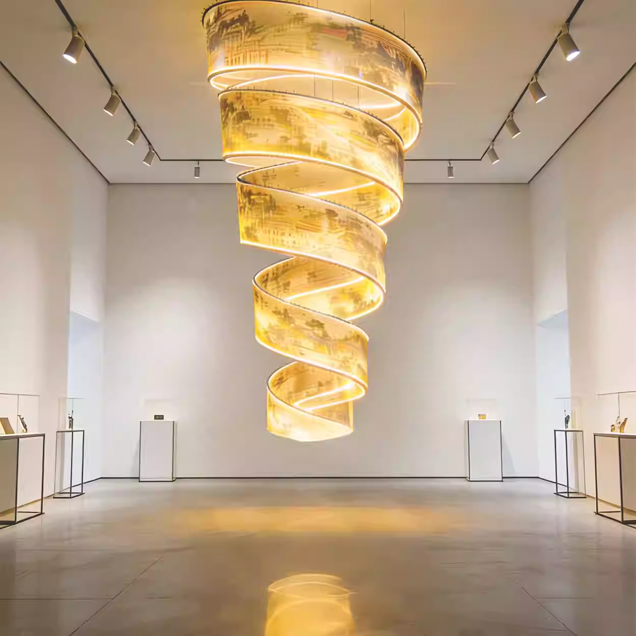 Modern minimalist semi transparent frosted hotel club exhibition hall luminous ceiling spiral shaped decorative lights atmospheric ribbon