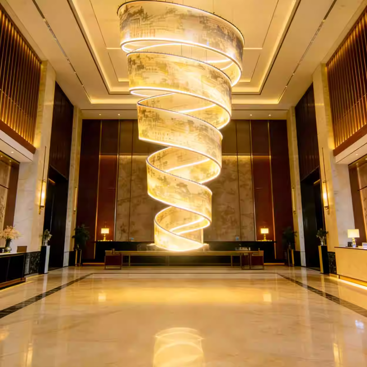 Modern minimalist semi transparent frosted hotel club exhibition hall luminous ceiling spiral shaped decorative lights atmospheric ribbon