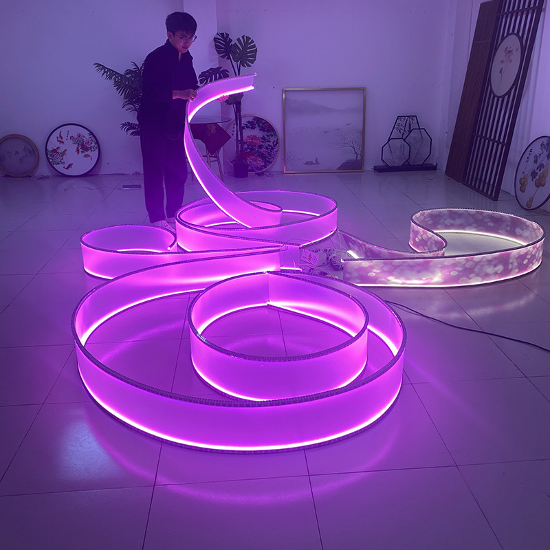 Gradient pure red banquet hall exhibition advertising atmosphere calligraphy outdoor waterproof ceiling technology pendant light soft and hard ribbon