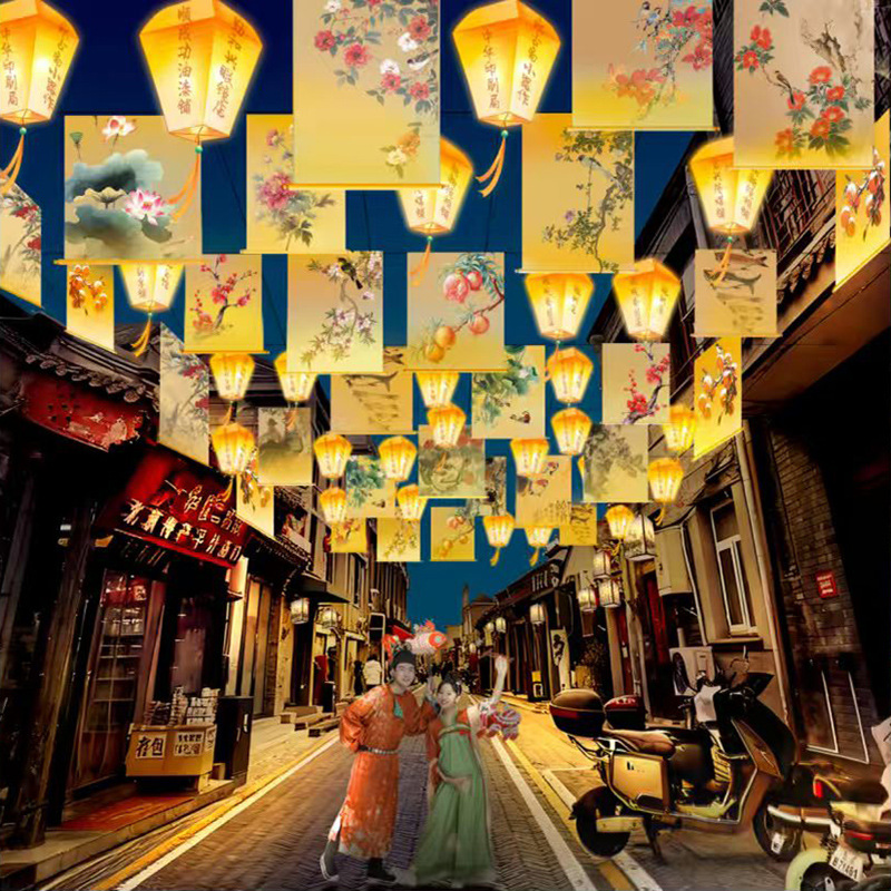 New double-sided semi transparent ancient style street scenic spot viewpoint waterproof spray painted luminous hanging curtain pendant light ribbon