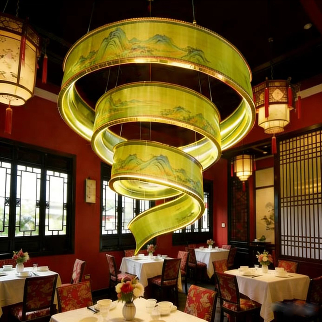 New flexible and deformable luminous light strip with semi transparent double-sided painting ceiling decoration background, rotating staircase pendant light, and ribbon