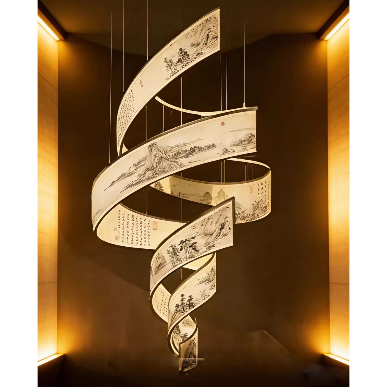 New flexible and deformable luminous light strip with semi transparent double-sided painting ceiling decoration background, rotating staircase pendant light, and ribbon