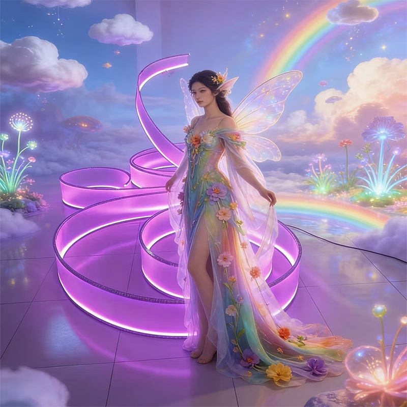 New flexible and deformable luminous light strip with semi transparent double-sided painting ceiling decoration background, rotating staircase pendant light, and ribbon