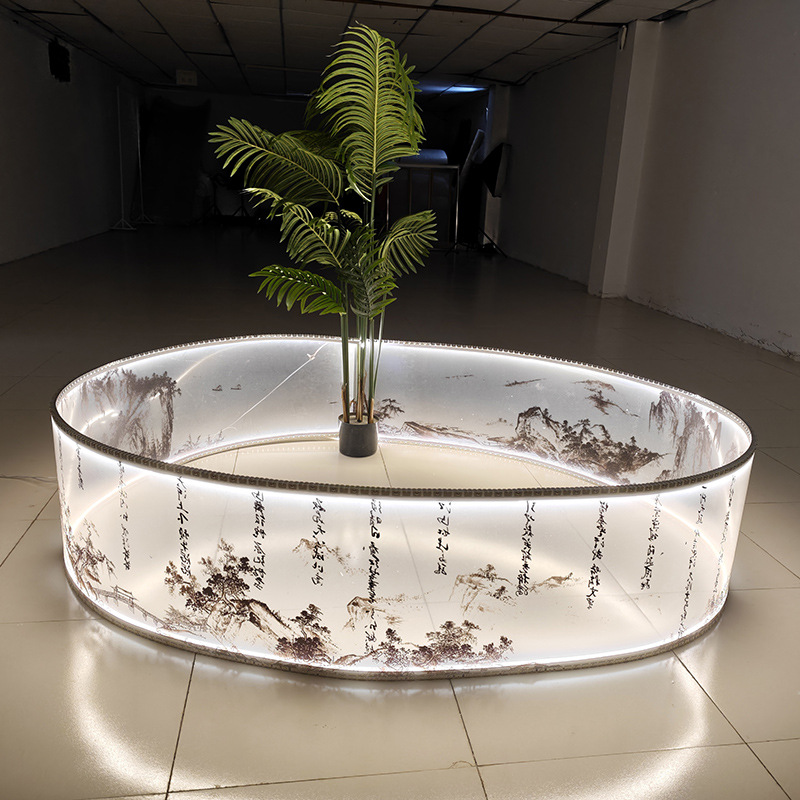 Customized semi transparent thin film hotel banquet hall exhibition ceiling decoration wedding ultra long and high luminous pendant light ribbon