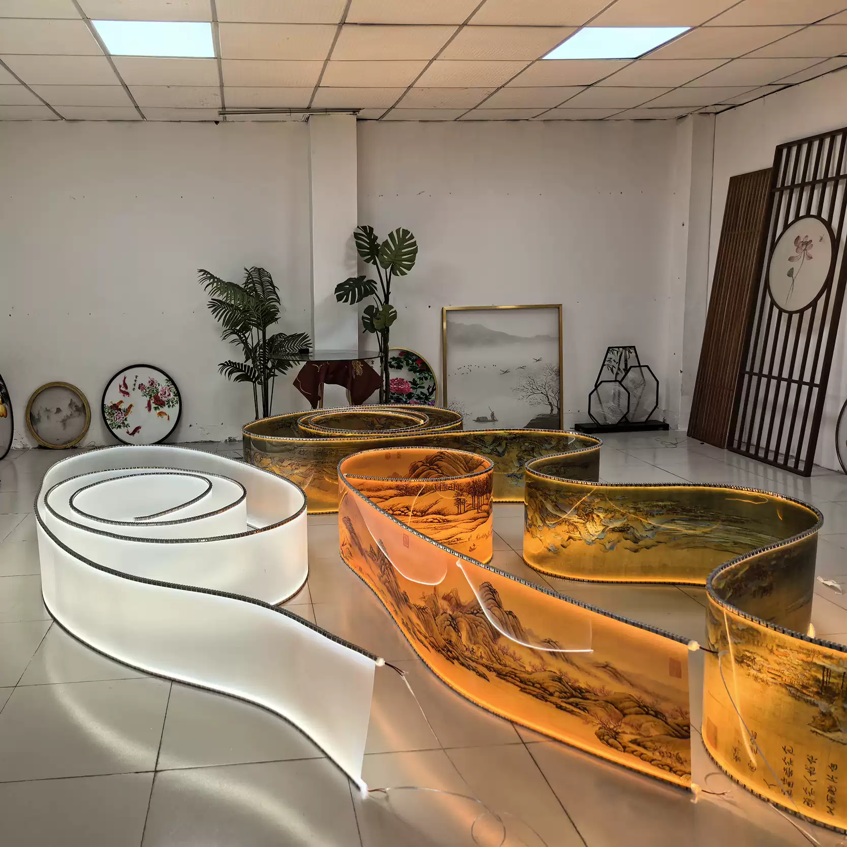 Semi transparent frosted new Chinese Song style landscape painting luminous ceiling lighting project hotel exhibition hall decoration creative ribbon