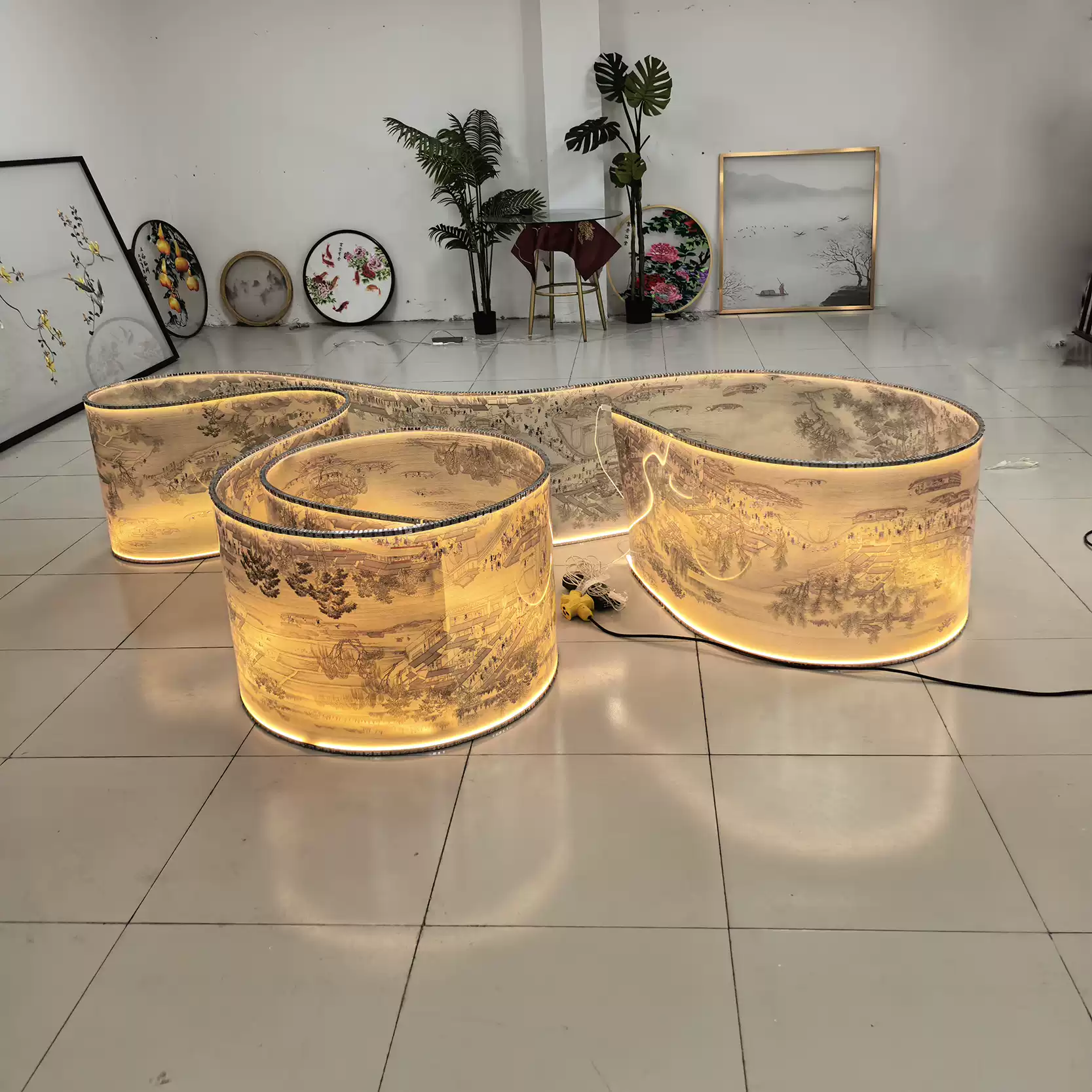 Semi transparent frosted new Chinese Song style landscape painting luminous ceiling lighting project hotel exhibition hall decoration creative ribbon