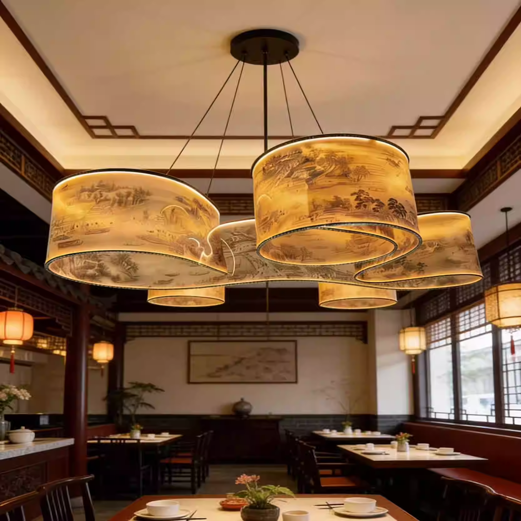 Semi transparent frosted new Chinese Song style landscape painting luminous ceiling lighting project hotel exhibition hall decoration creative ribbon