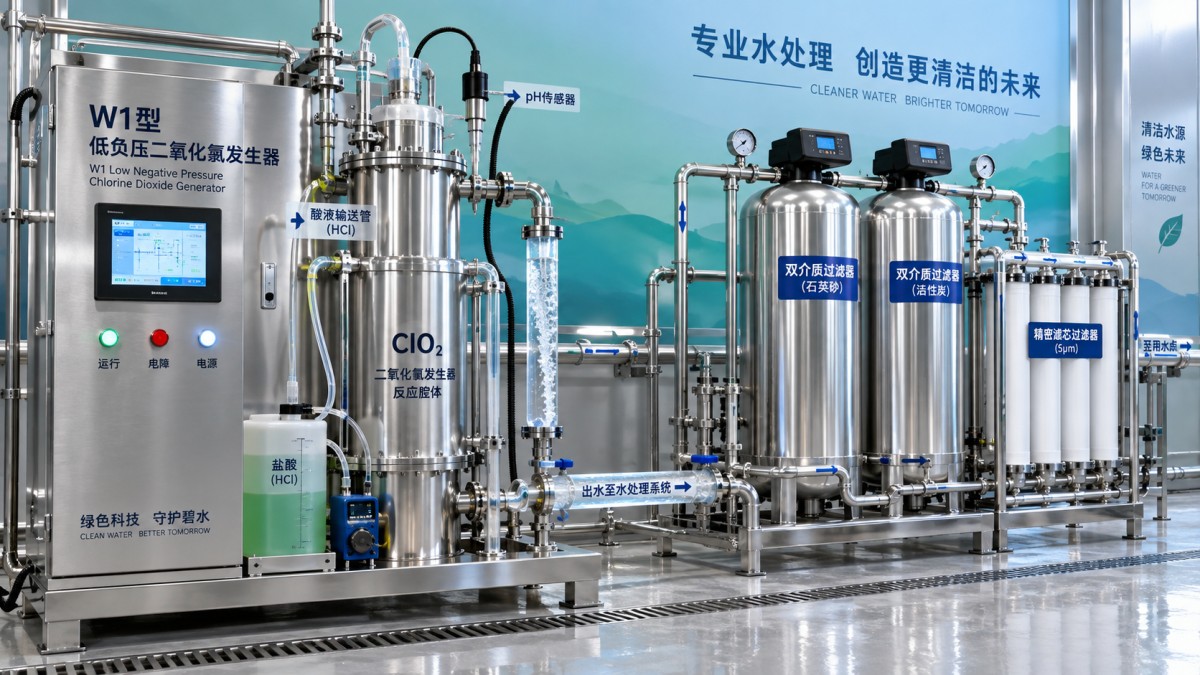 What feedwater pH range limits the stability of W1 type (low negative pressure) chlorine dioxide preparation technology? ¿Qué intervalo de pH del agua de alimentación limita la estabilidad de la tecnología de preparación de dióxido de cloro tipo W1 (baja presión negativa)?