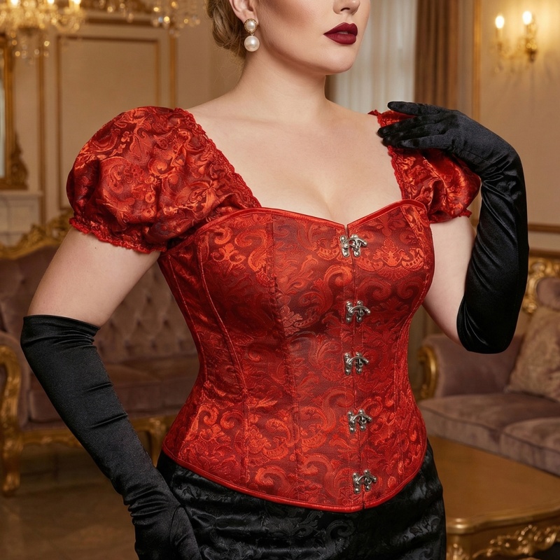 Plus Size Red Jacquard Puff Sleeve Corset