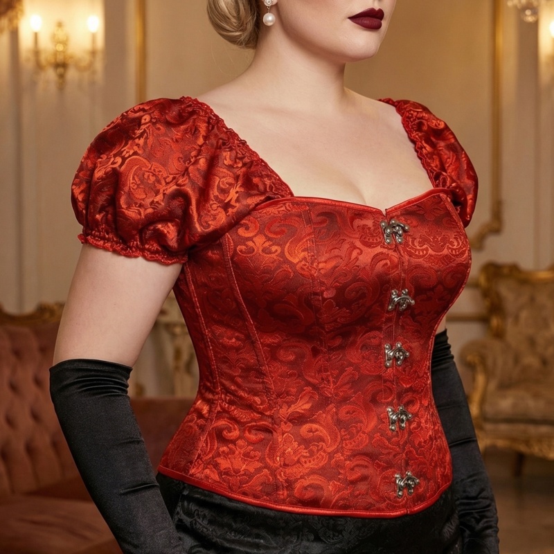 Plus Size Red Jacquard Puff Sleeve Corset