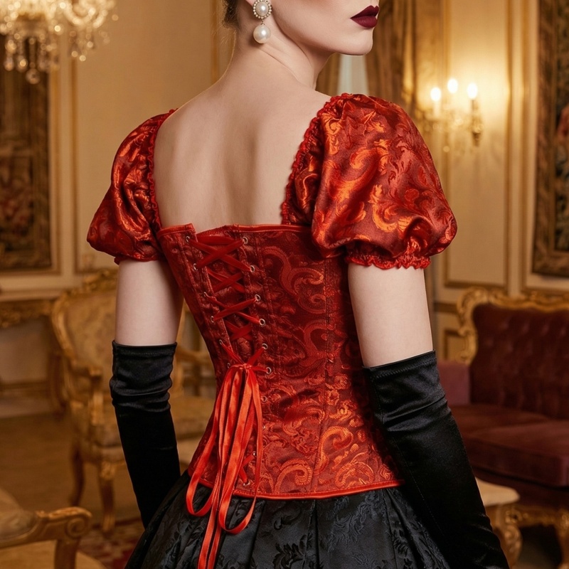 Red Jacquard Puff Sleeve Corset