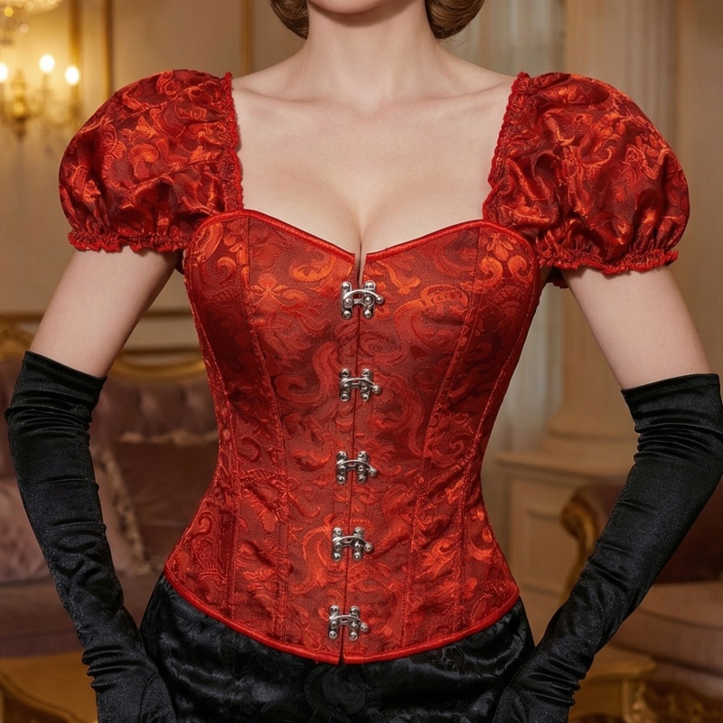 Red Jacquard Puff Sleeve Corset