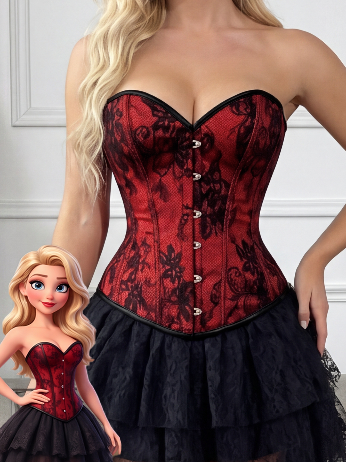 Red & Black Lace Overlay Corset