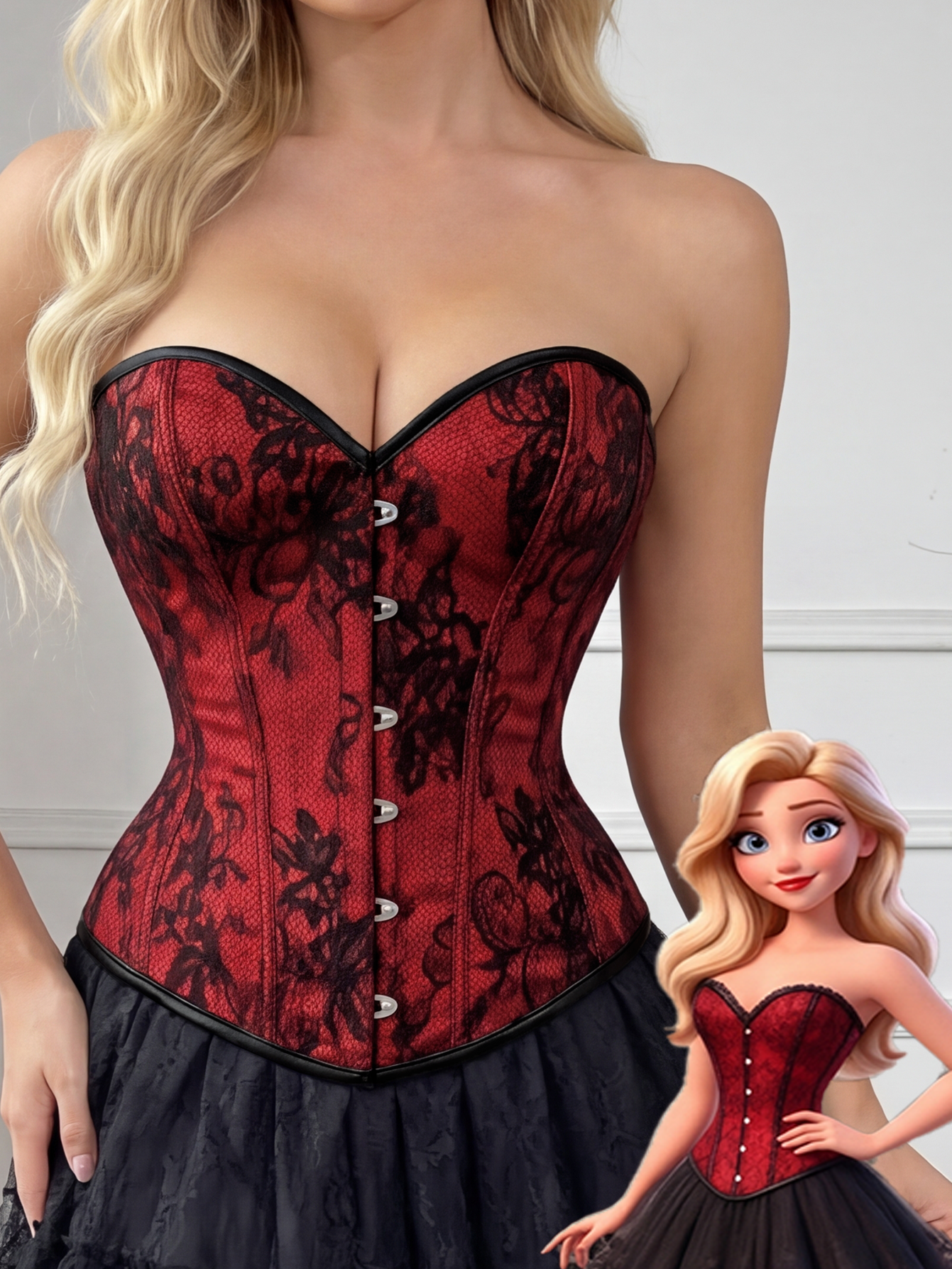 Red & Black Lace Overlay Corset