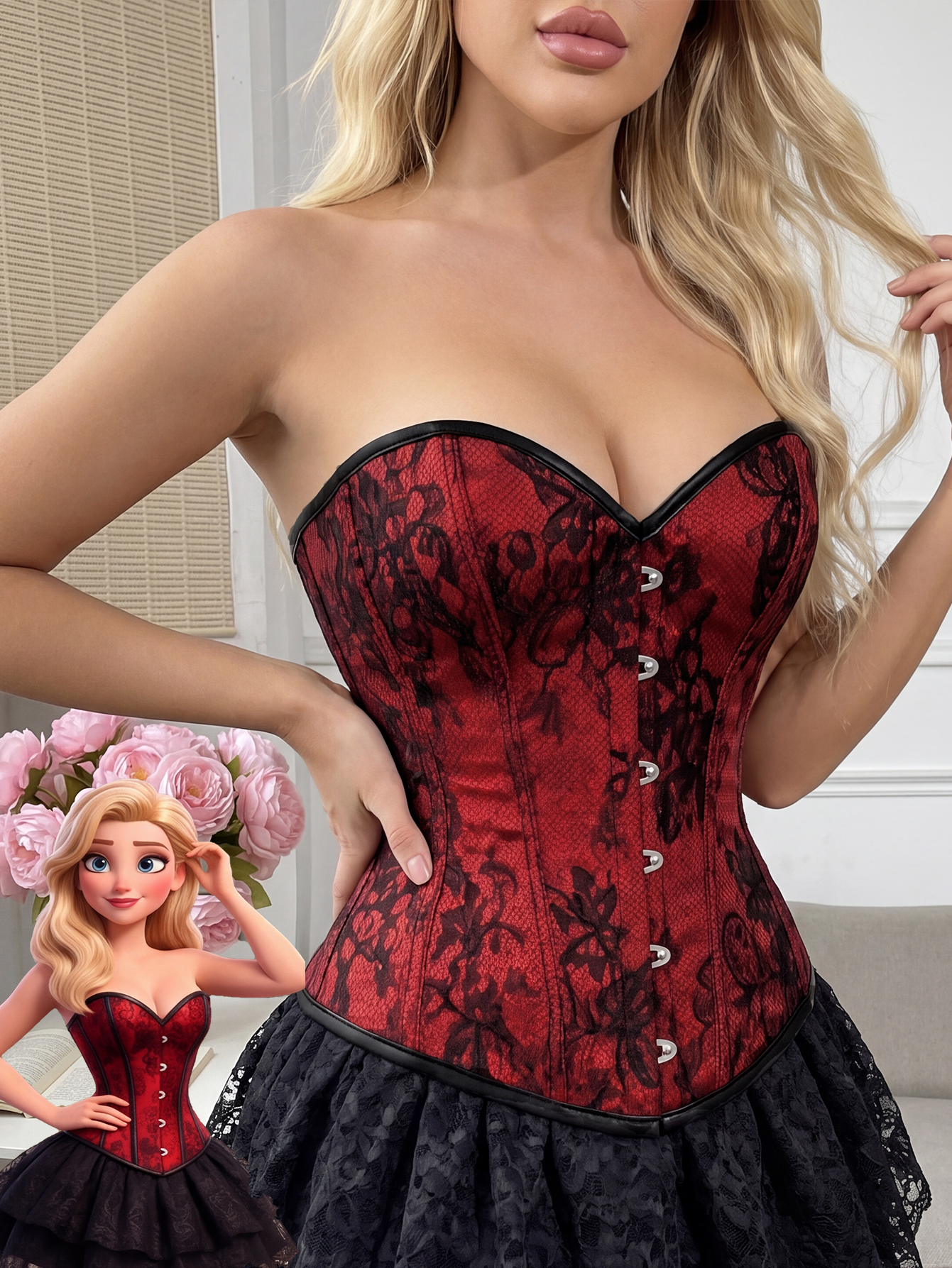 Red & Black Lace Overlay Corset