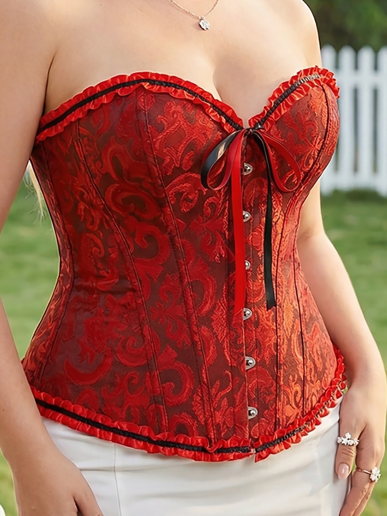 Plus Size Red Brocade Lace-Up Corset