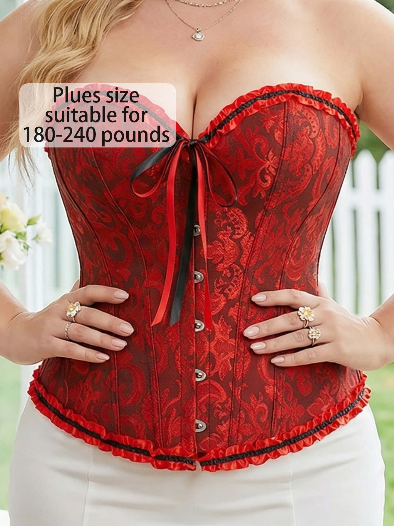 Plus Size Red Brocade Lace-Up Corset
