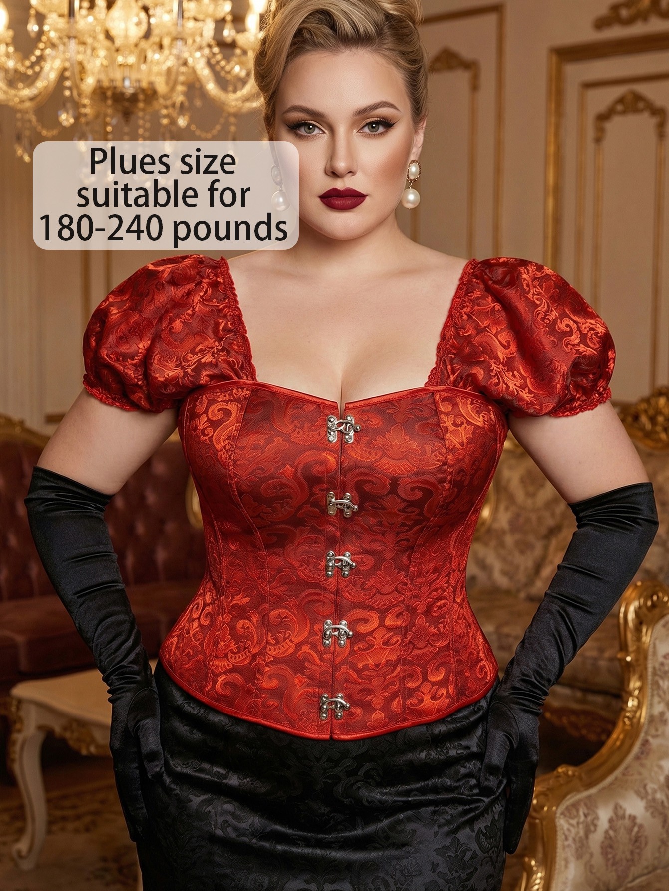 Plus Size Red Jacquard Puff Sleeve Corset