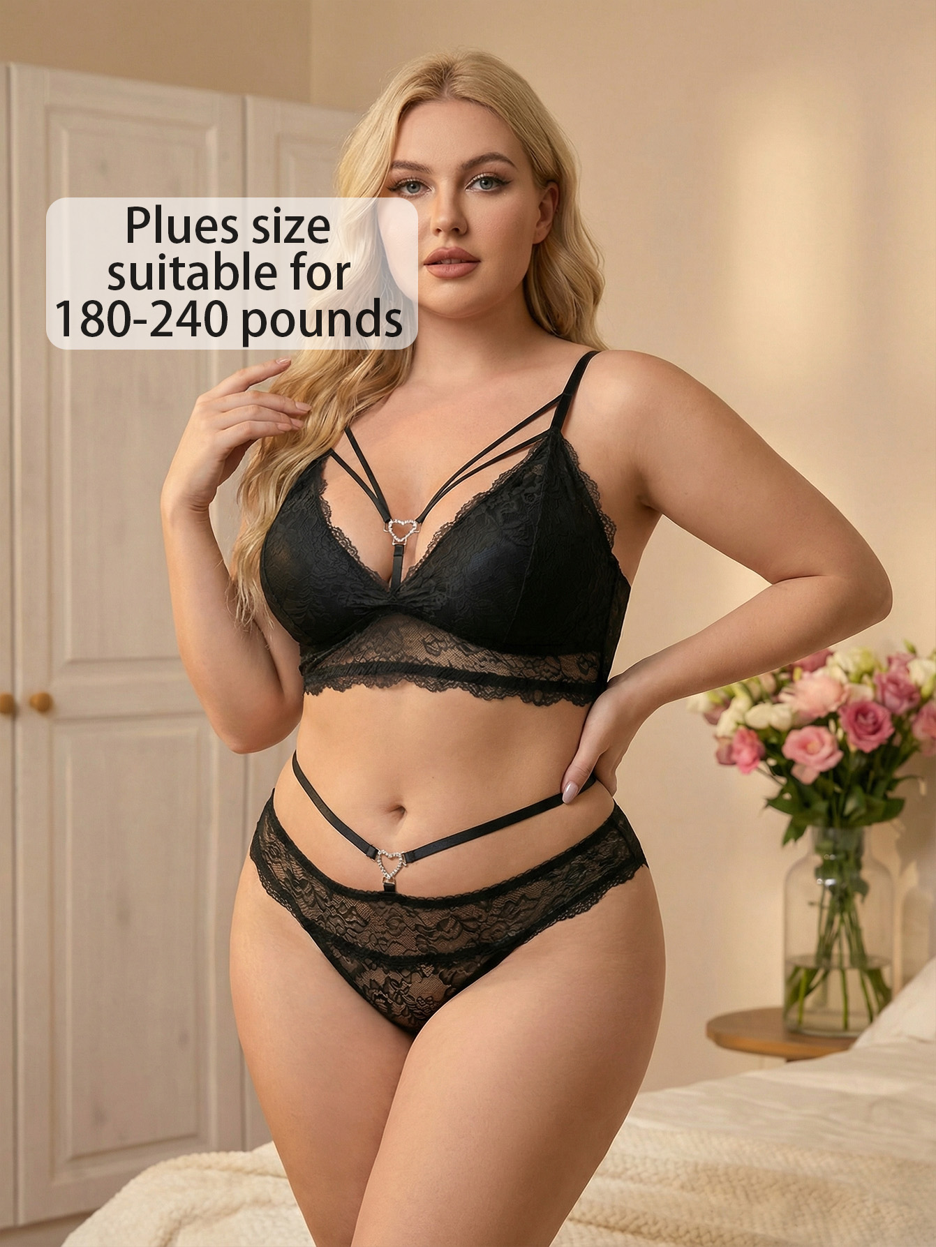 Plus Size Black Lace Lingerie Set with Heart Detail
