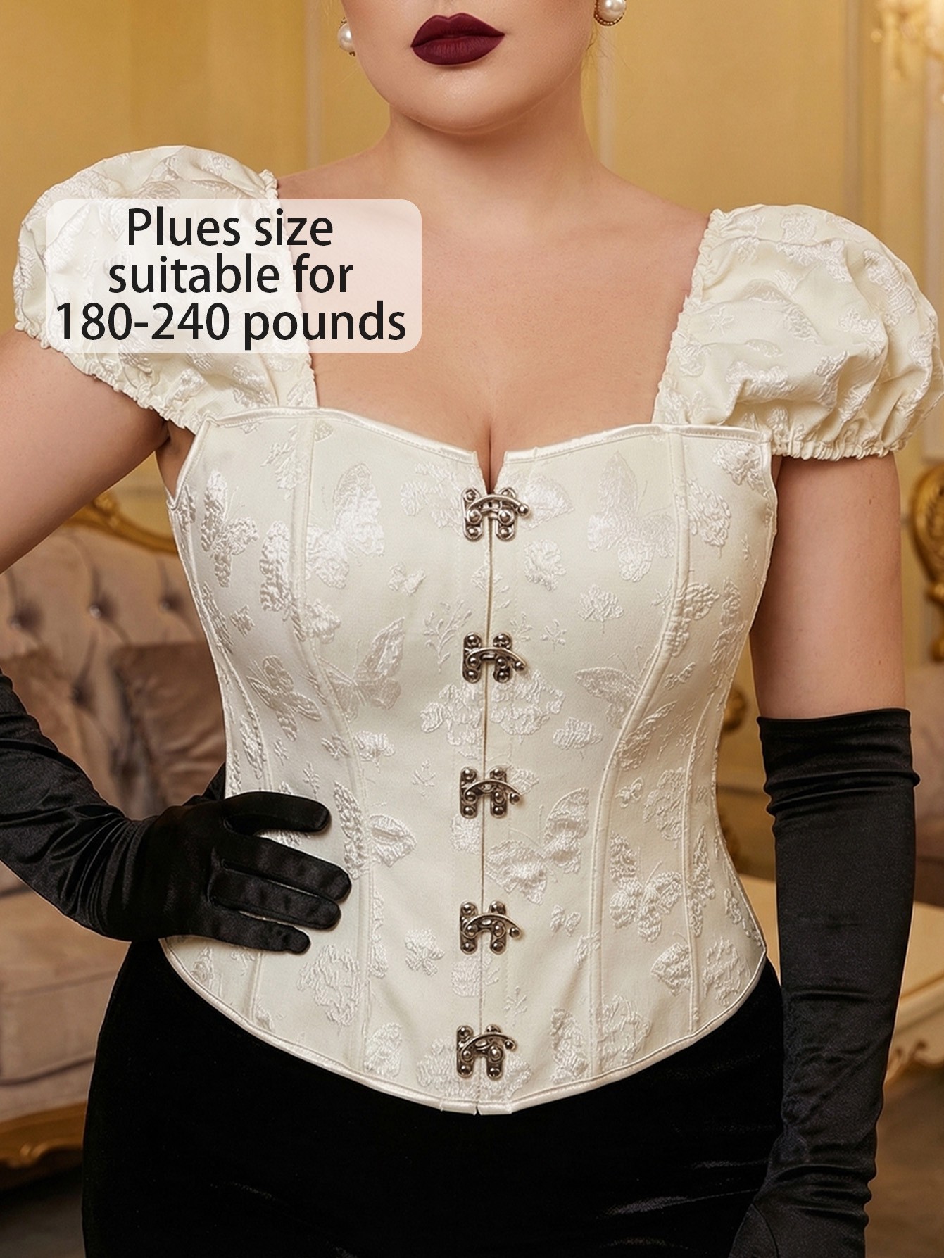 Plus Size White Jacquard Puff Sleeve Corset
