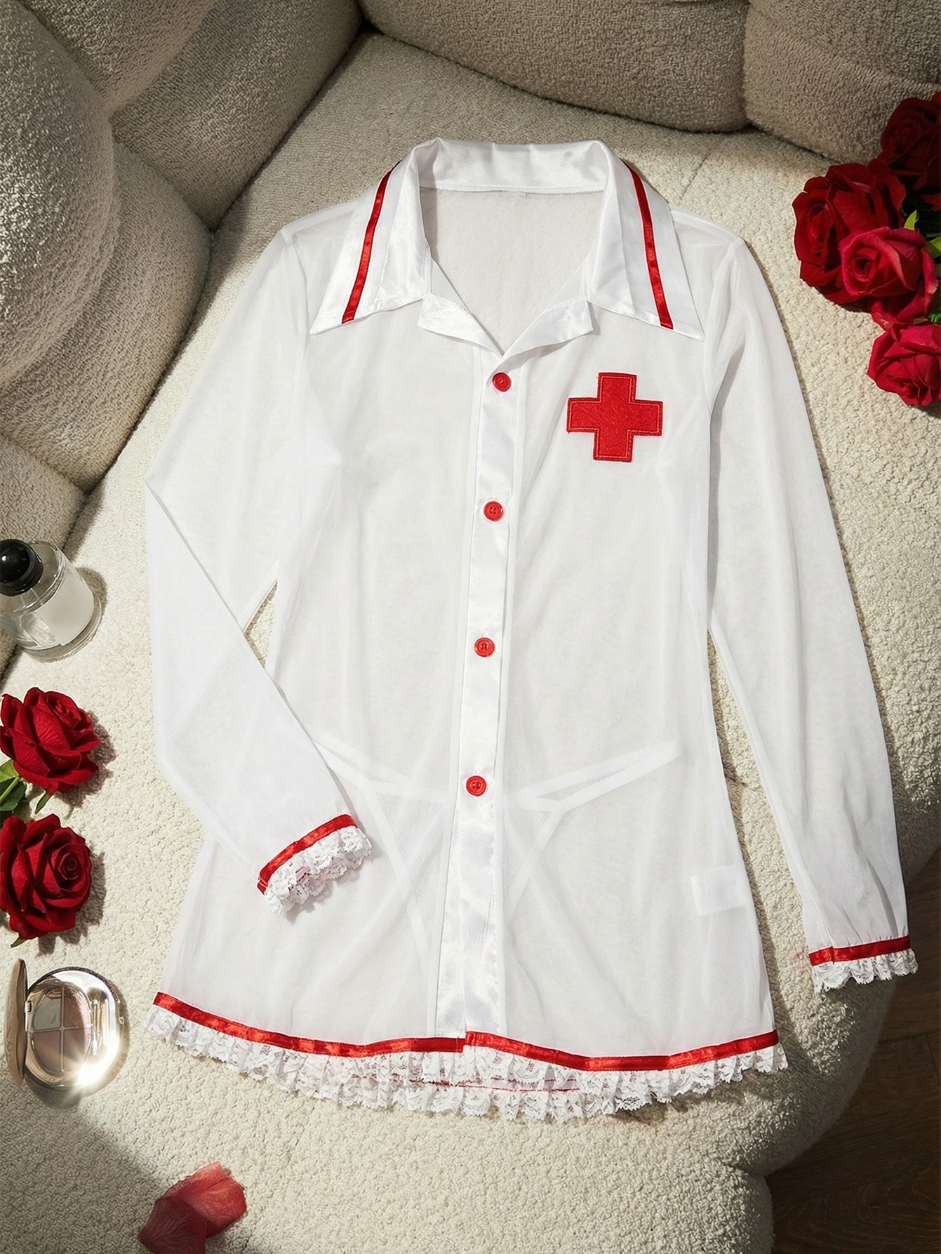 Plus Size Sheer Mesh Nurse Costume Lingerie Set