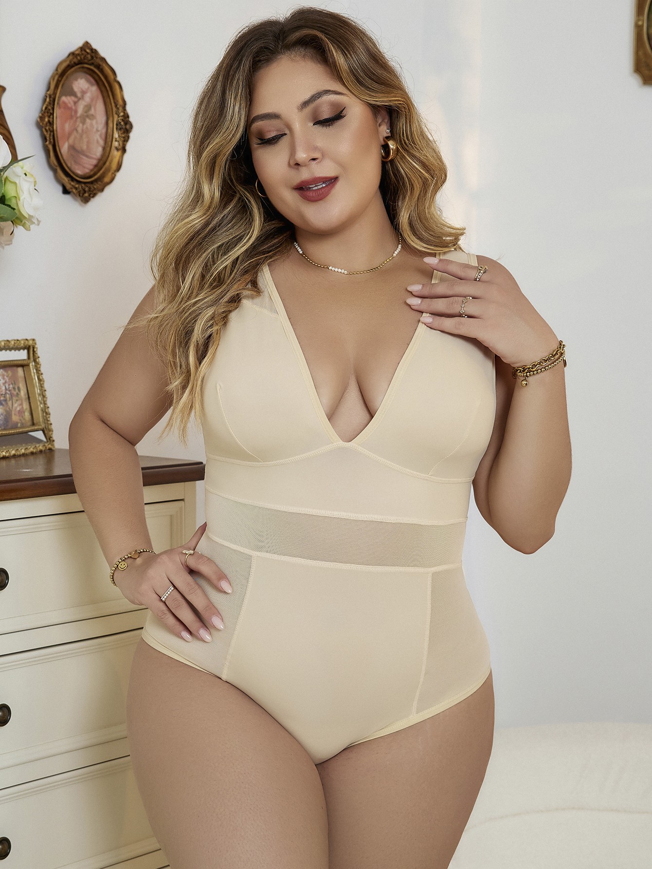 Plus Size Mesh Panel Tummy Control Bodysuit