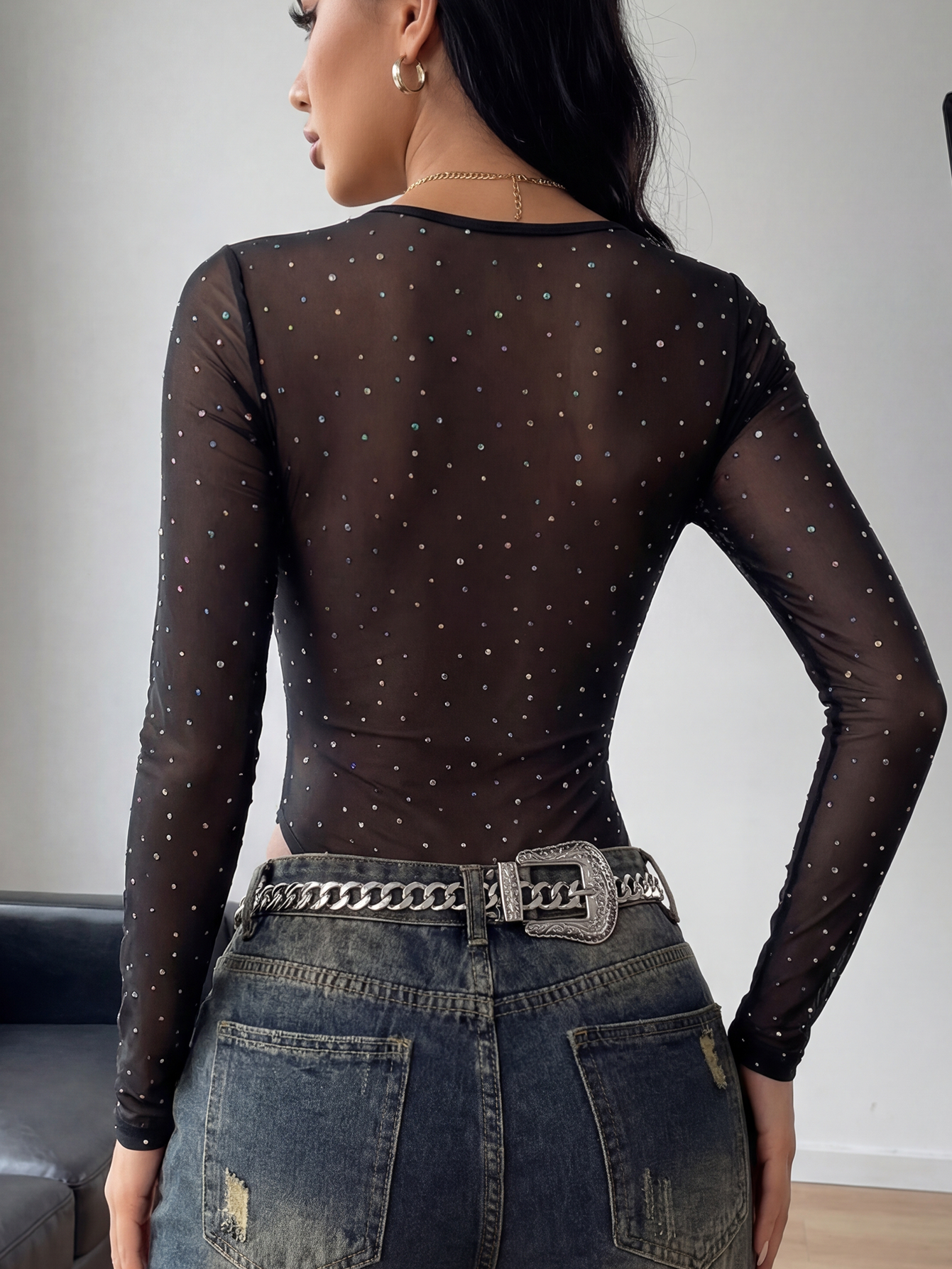 Rhinestone Sheer Mesh Corset Bodysuit