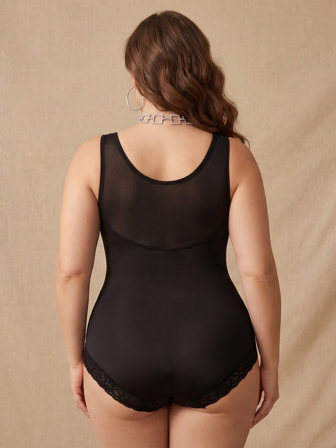 Plus Size Front Closure Mesh & Lace Trim Bodysuit
