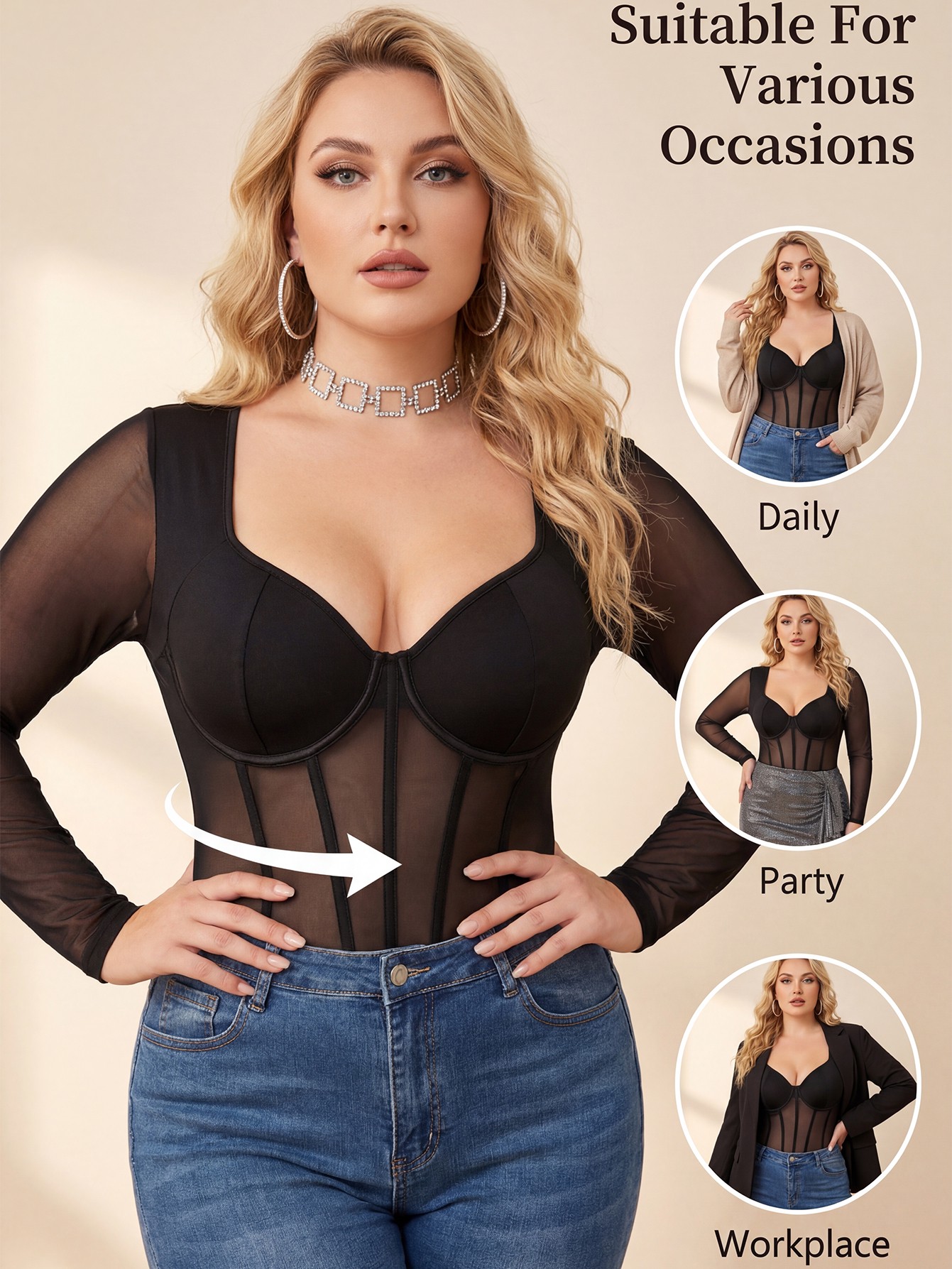 Plus Size Long Sleeve Mesh Underwire Corset Bodysuit