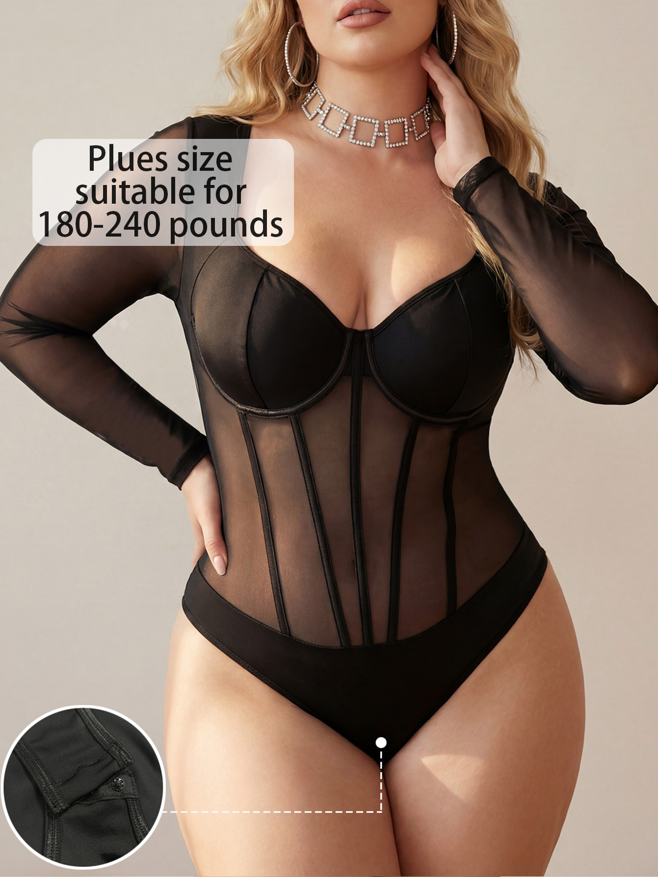 Plus Size Long Sleeve Mesh Underwire Corset Bodysuit