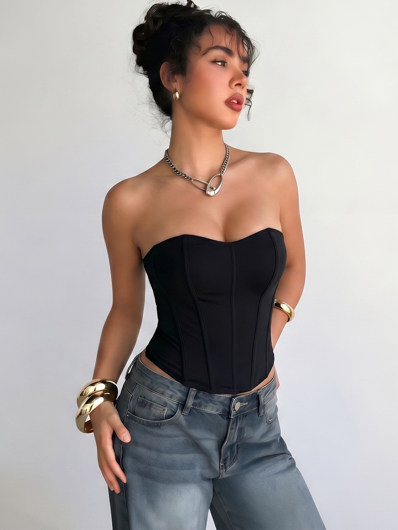 Black Basic Lace-Up Back Strapless Corset Top