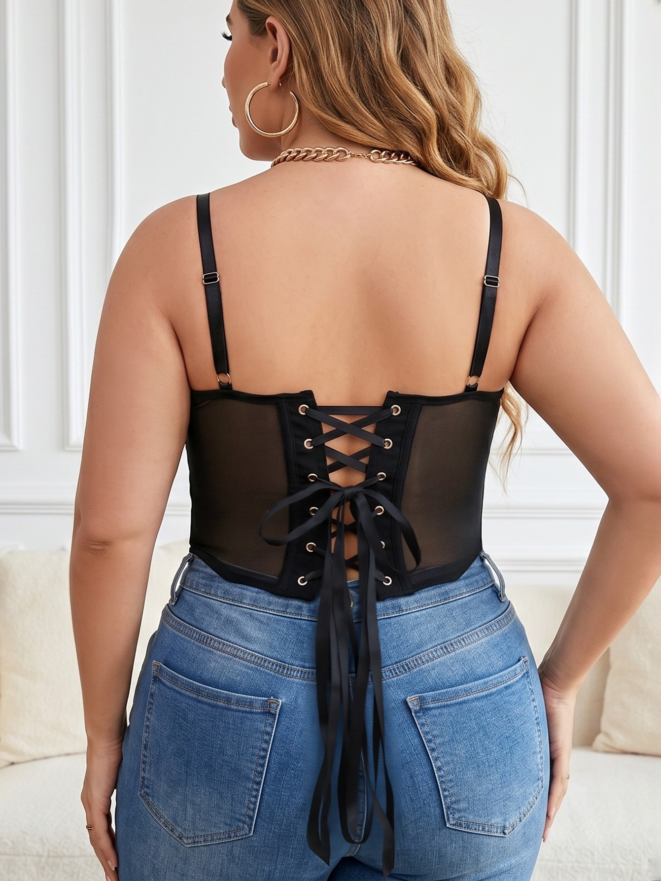 Plus Size Black Lace & Mesh Corset Cami Top