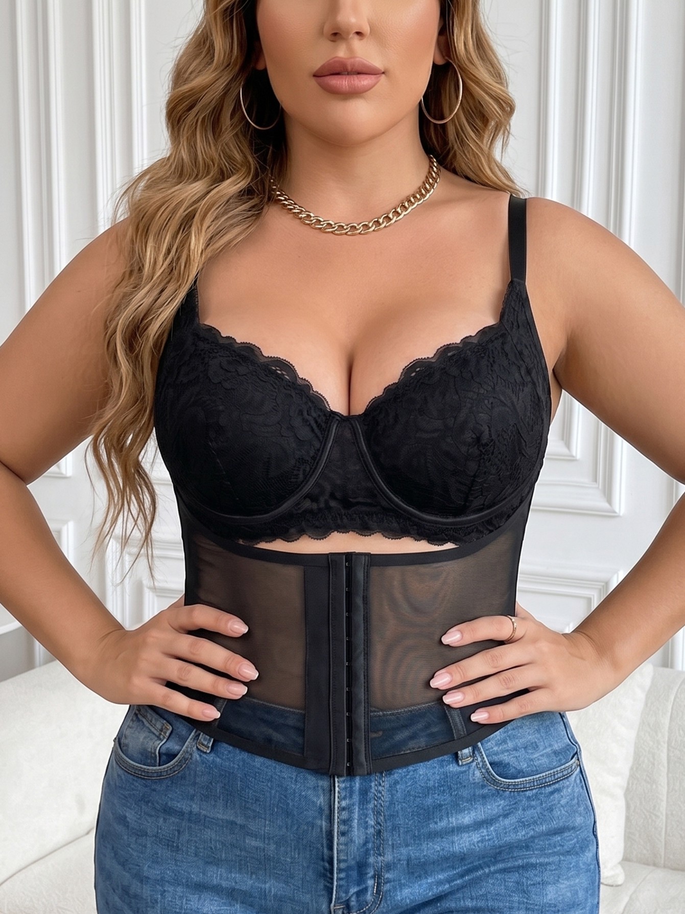 Plus Size Black Lace & Mesh Corset Cami Top