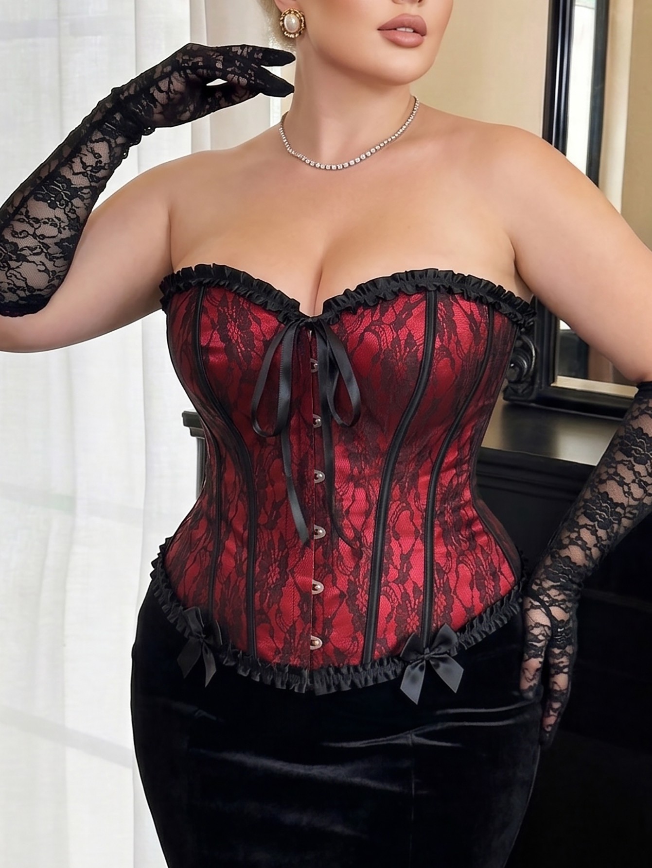Plus Size Burgundy Lace Strapless Corset Top