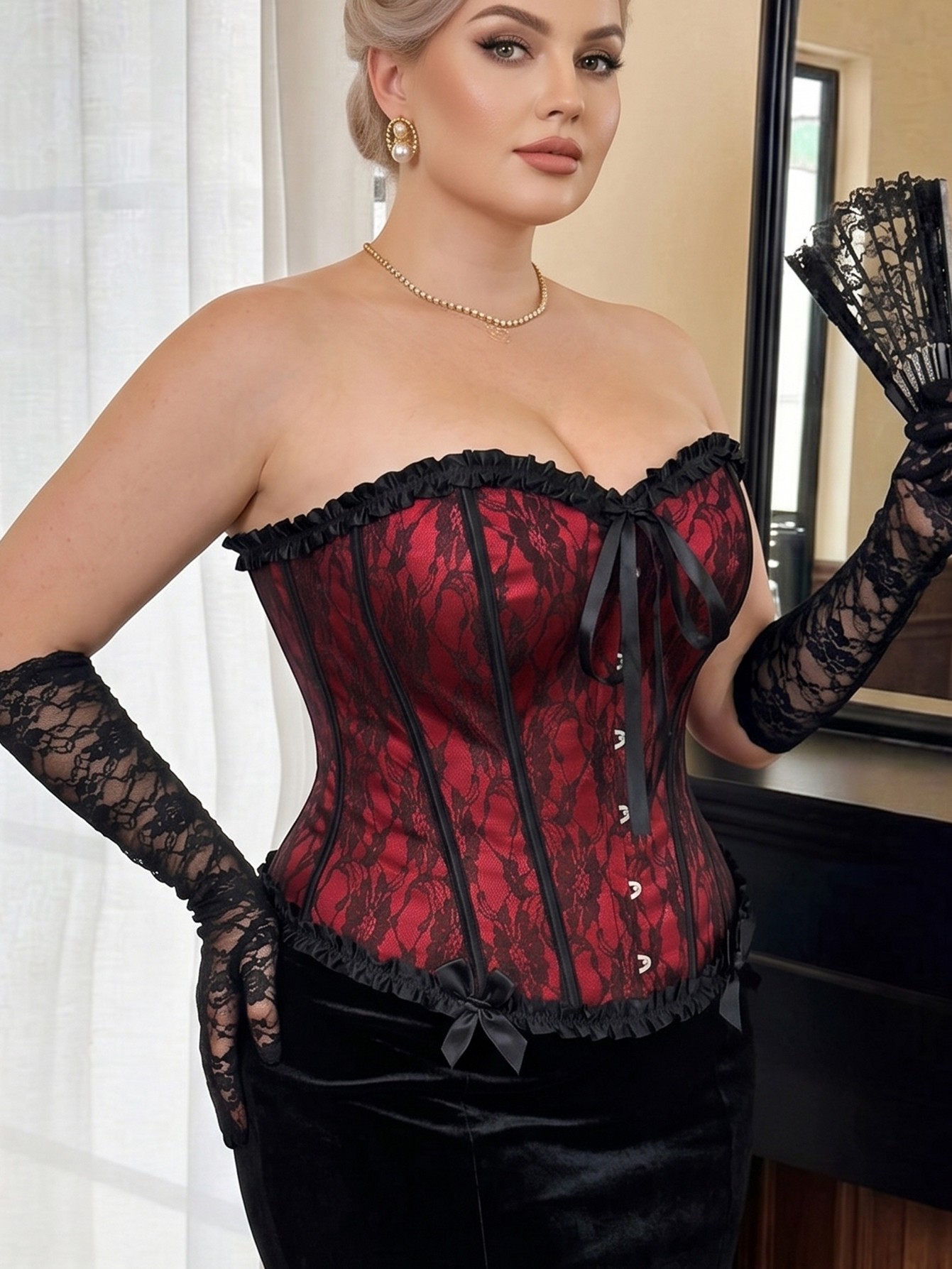 Plus Size Burgundy Lace Strapless Corset Top