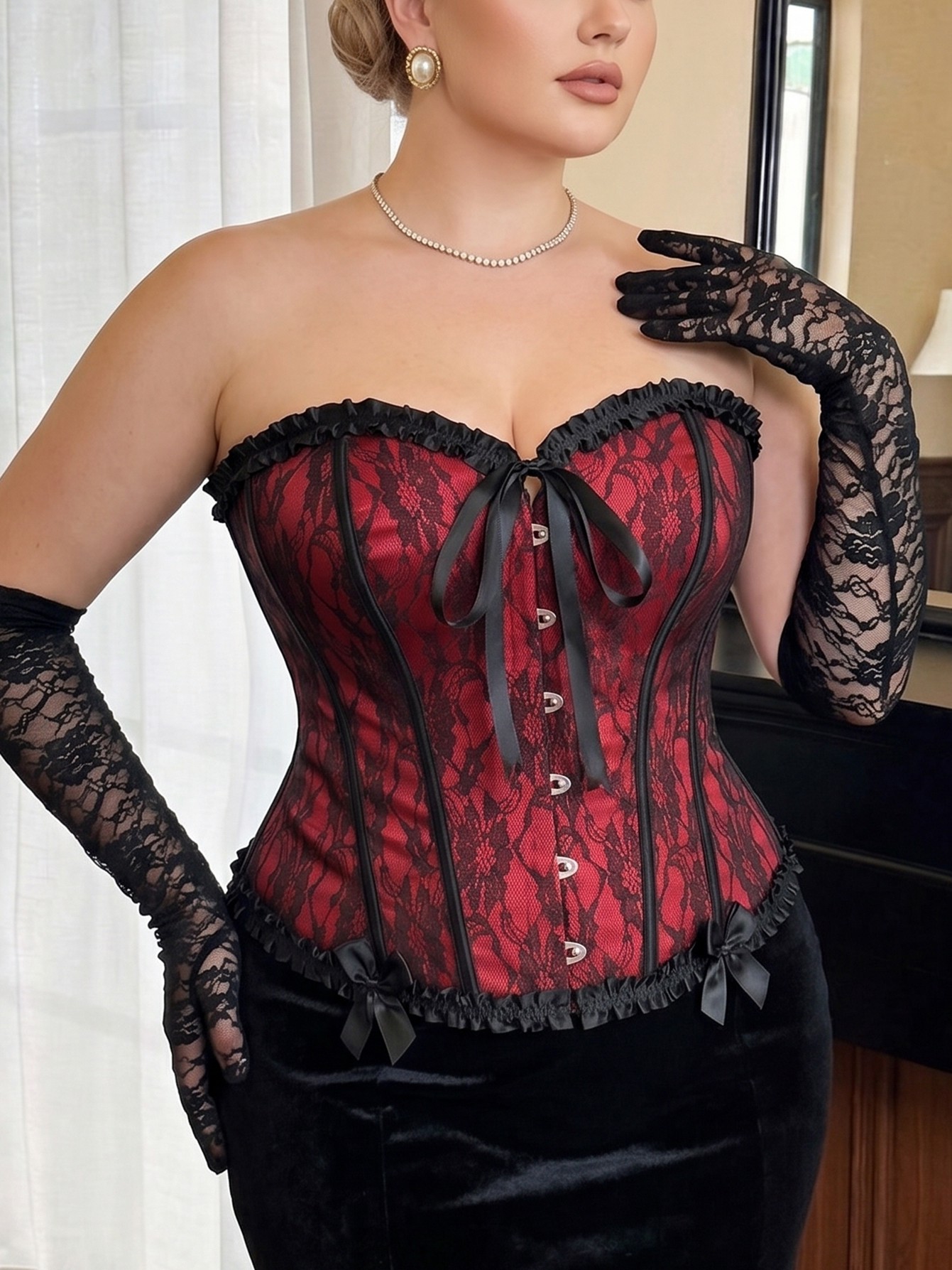 Plus Size Burgundy Lace Strapless Corset Top