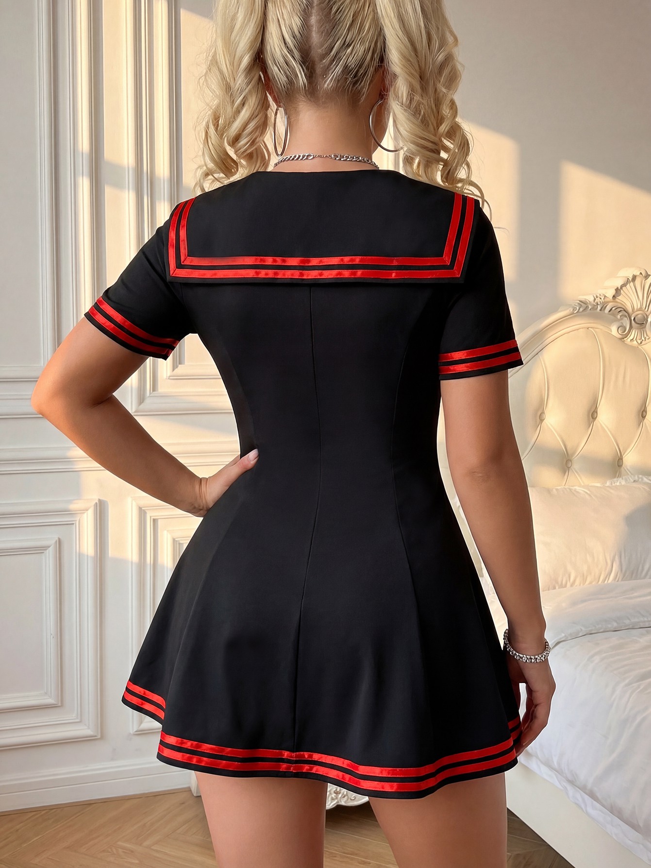 Plus Size Black & Red Sailor Collar Dress