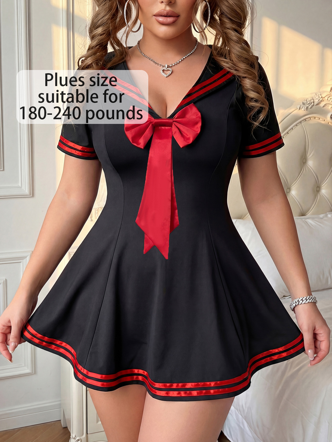 Plus Size Black & Red Sailor Collar Dress