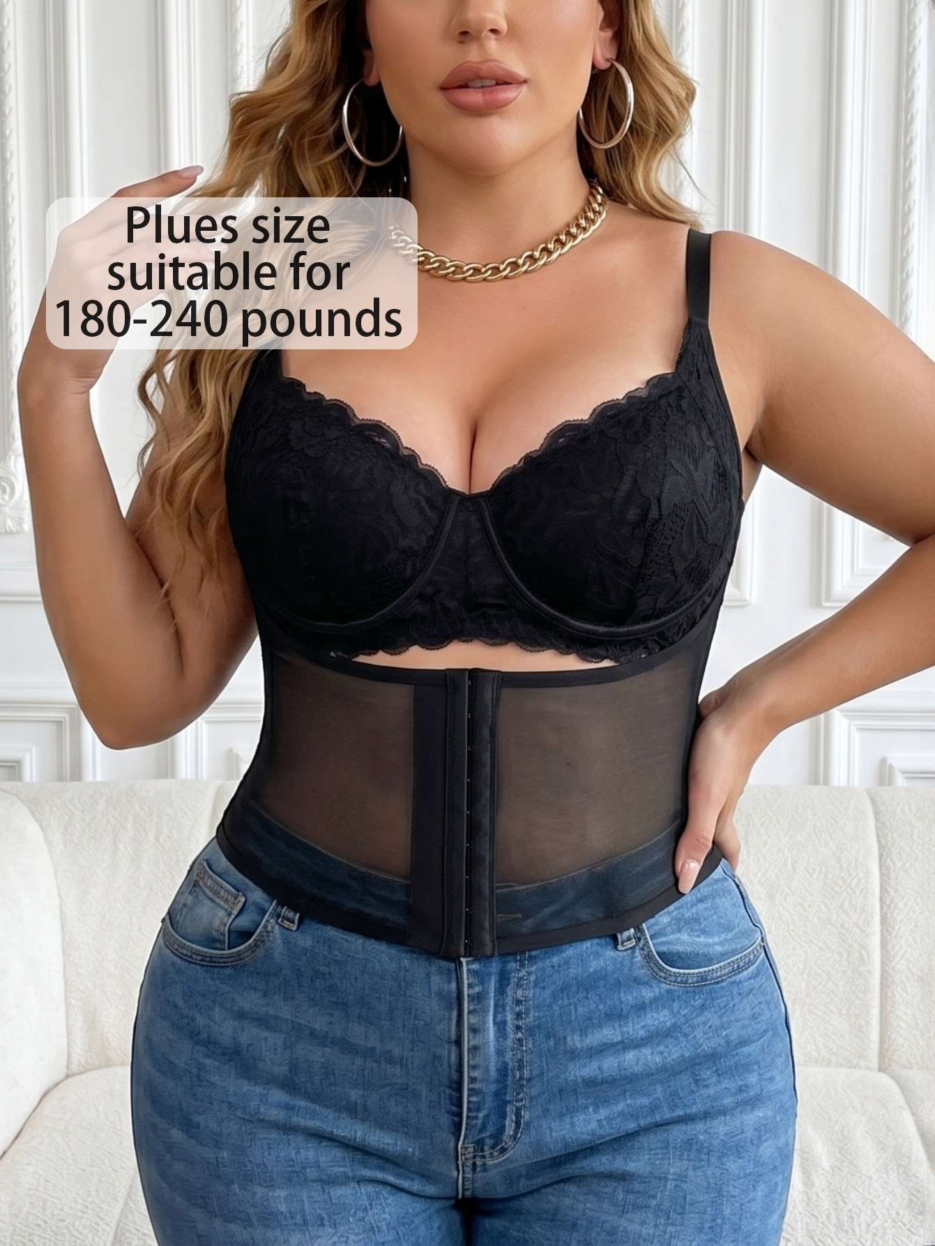 Plus Size Black Lace & Mesh Corset Cami Top