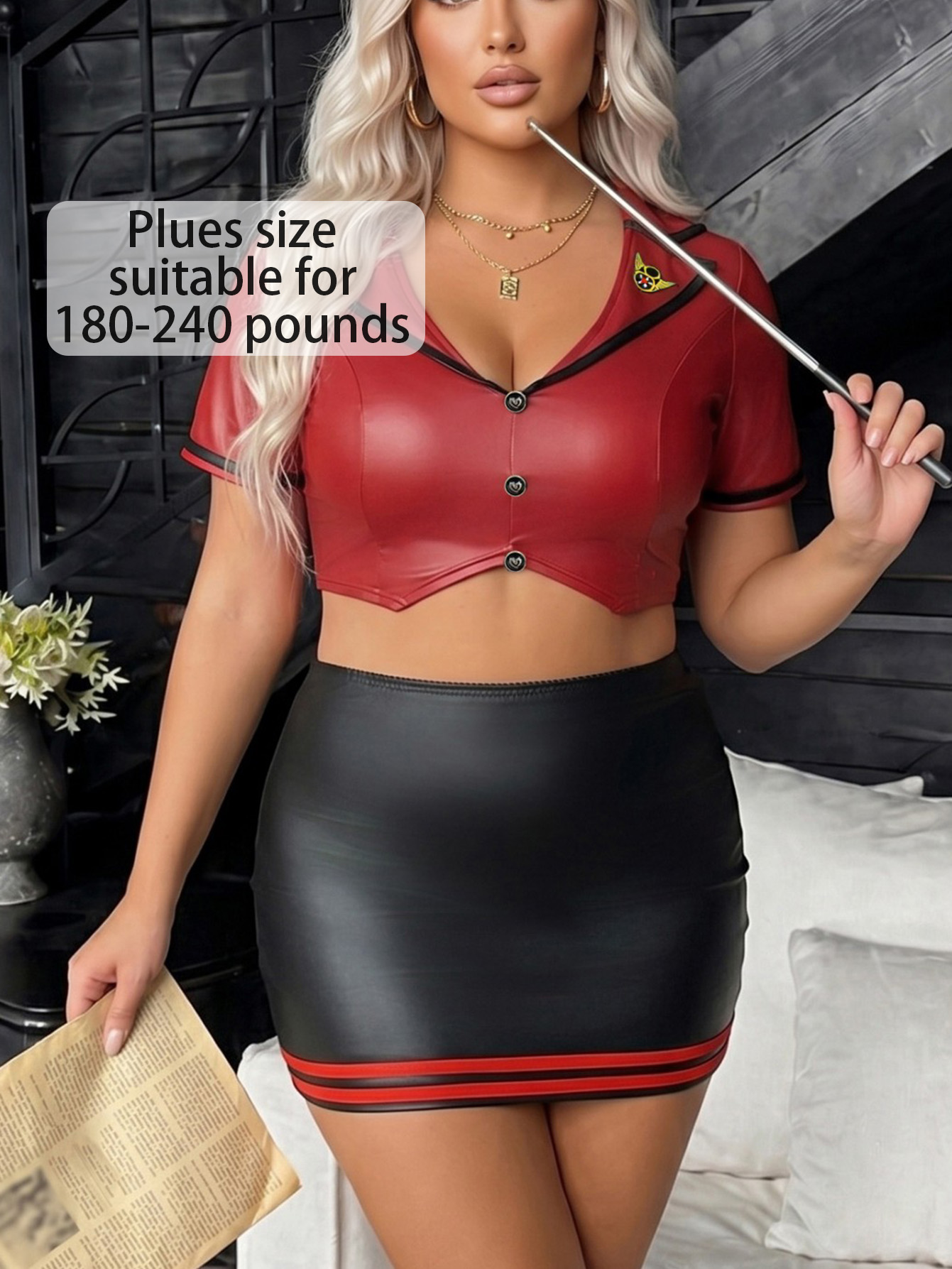 Plus Size Burgundy Faux Leather Flight Attendant Uniform Set